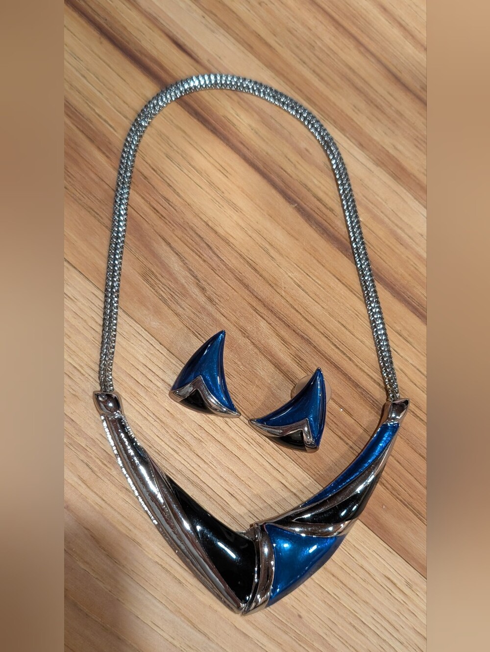 Silvertone Statement Necklace & Earring Set With Blue And Black Enamel Design